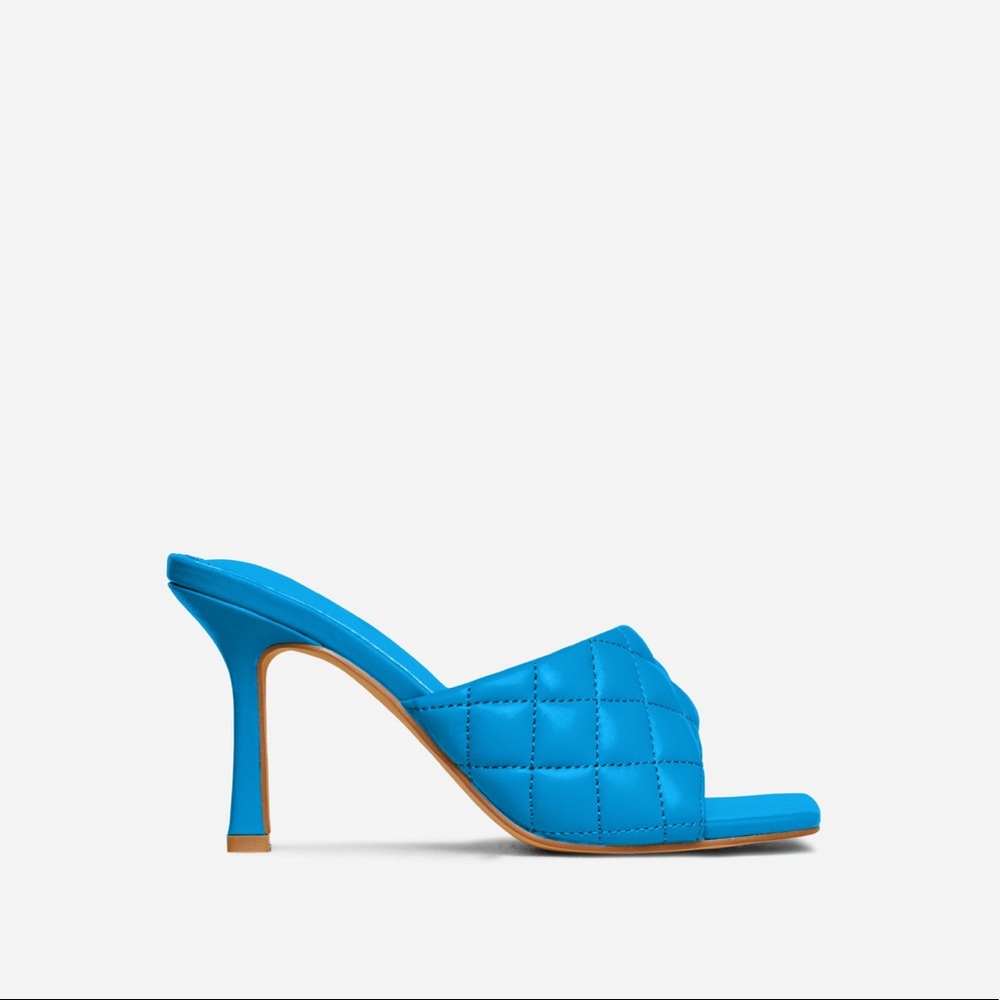 Teal blue quilted square toe high bright heeled mules sandals - Picture 5 of 5